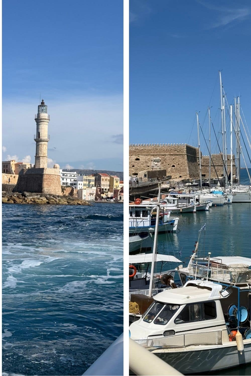Side-by-side comparison of Chania and Heraklion harbors in Crete, Greece, showing the Venetian lighthouse in Chania and the historic harbor of Heraklion.