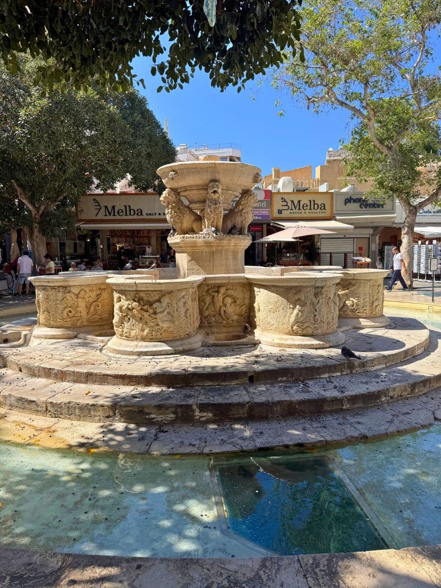 The Morosini Lion Fountain located in Lions Square, one of Heraklion's most famous landmarks in Crete.