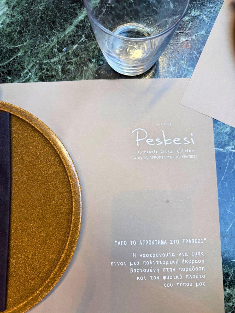 Peskesi restaurant table setting showcasing authentic farm-to-table Cretan cuisine in Heraklion, Crete.