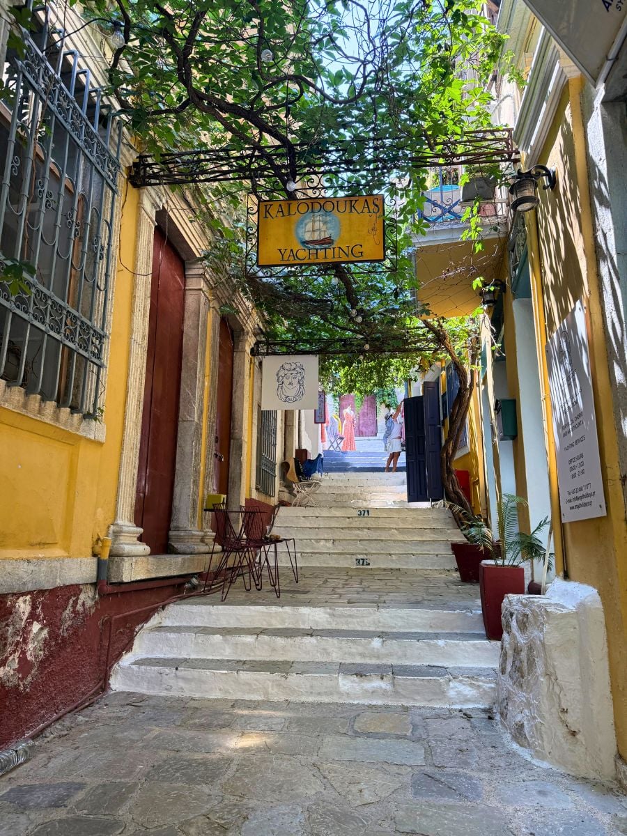 Shaded stone staircase in Symi, Greece beneath leafy vines with charming historic buildings and boutique storefronts.