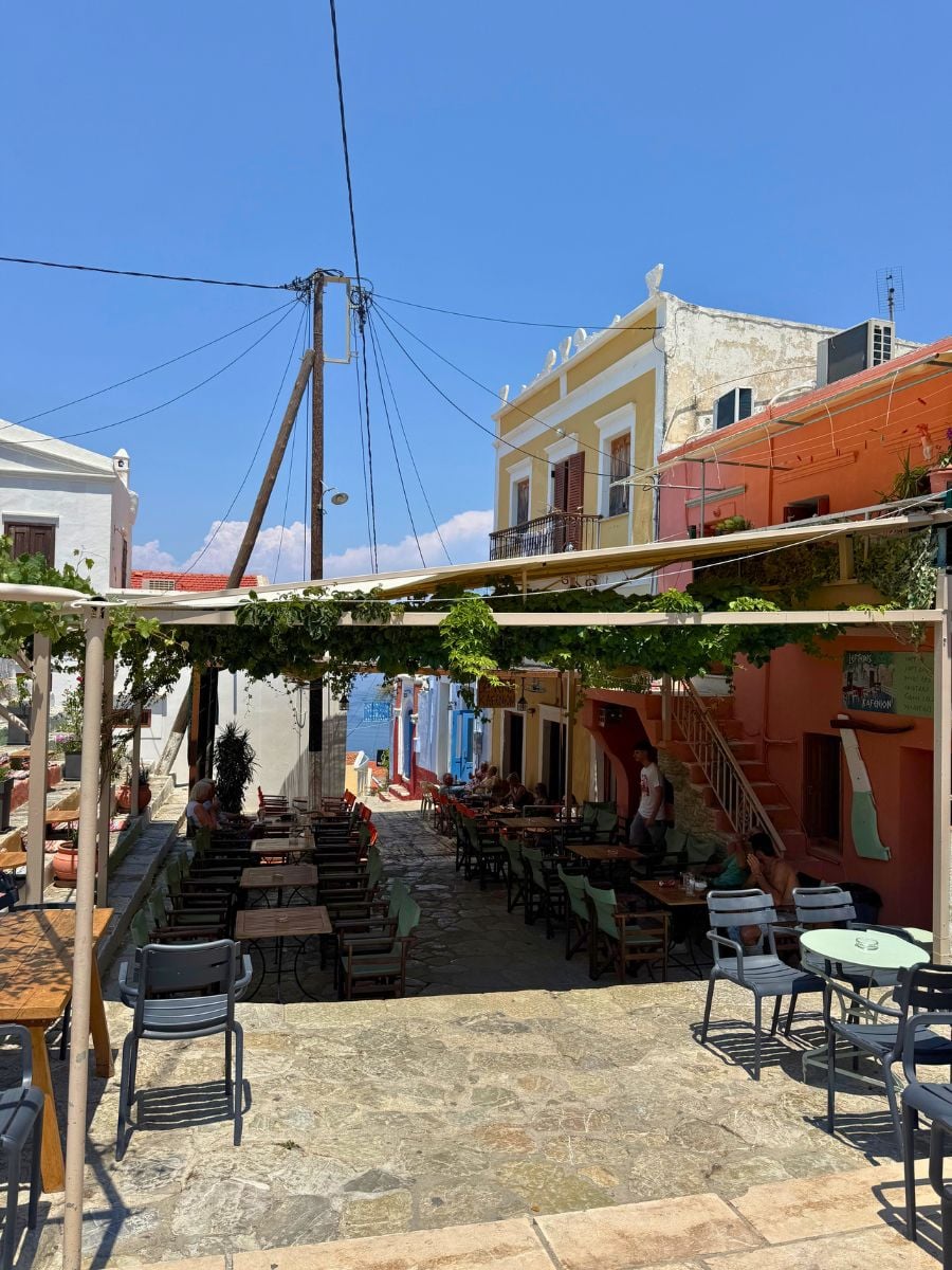 Peaceful outdoor café in Symi, Greece with shaded seating beneath grapevines and colorful buildings overlooking the harbor.