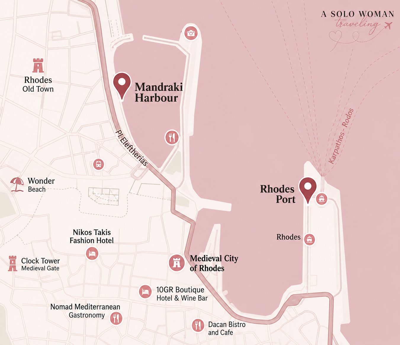 Custom map of Rhodes Town showing the locations of Mandraki Harbour, Rhodes Port, and Rhodes Old Town.