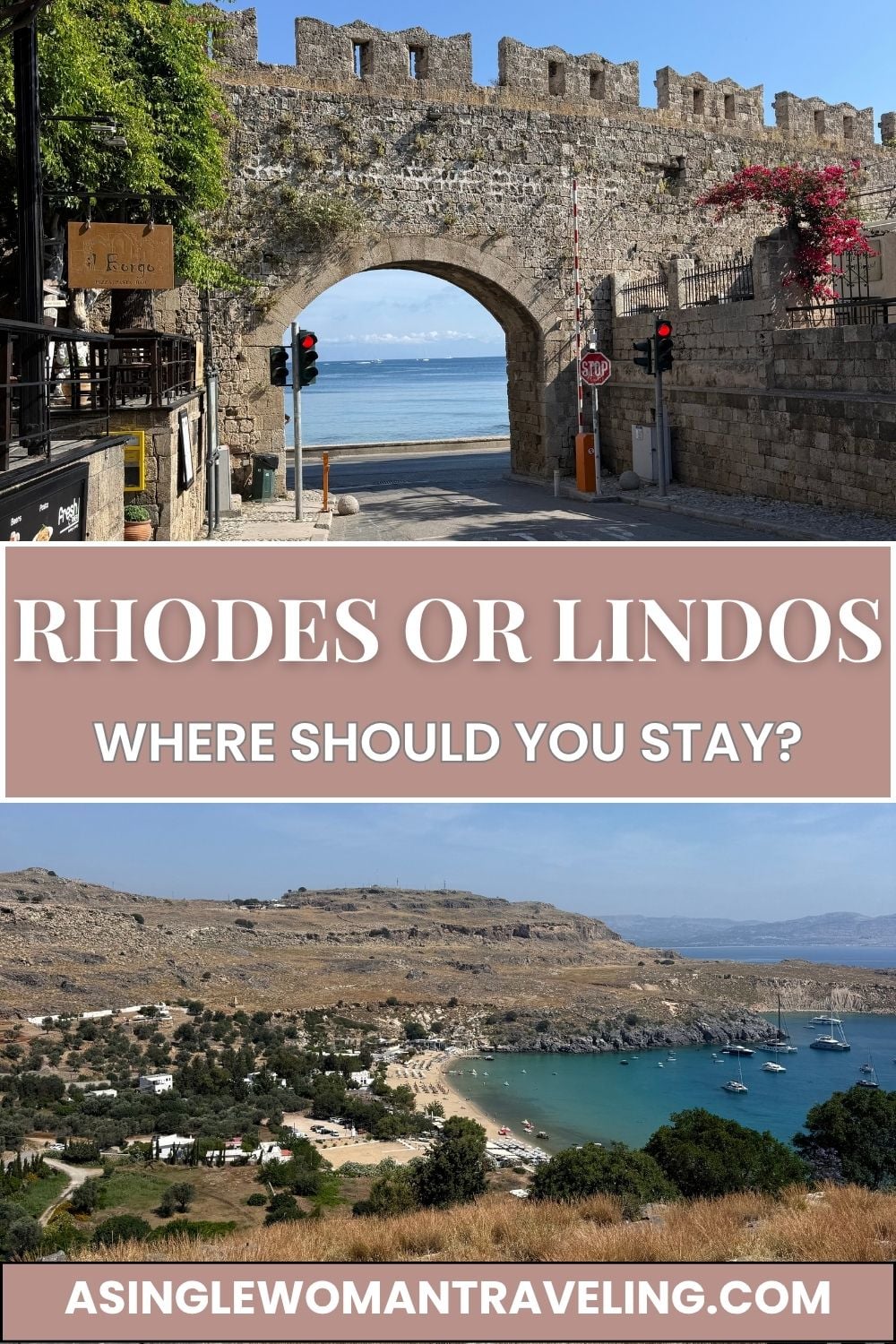 Travel guide comparing Rhodes Town and Lindos on Rhodes Island, Greece, featuring the medieval city walls of Rhodes Old Town and a scenic view of St. Paul's Bay in Lindos with the title "Rhodes or Lindos: Where Should You Stay?"