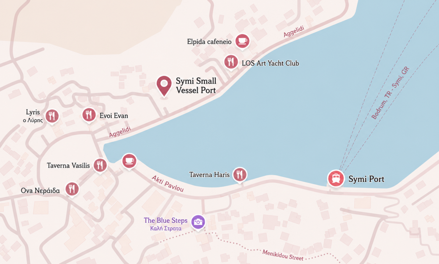 Map of Symi Harbor showing the location of the main Symi Port for ferries and the separate Symi Small Vessel Port used for local boats and day trips.